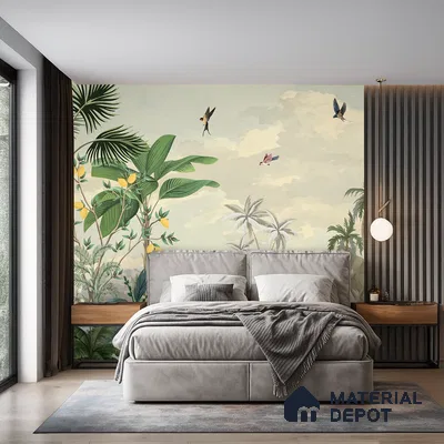 Modern bedroom with tropical wallpaper, grey suede upholstered bed, and fluted wood wall panels in Bengaluru