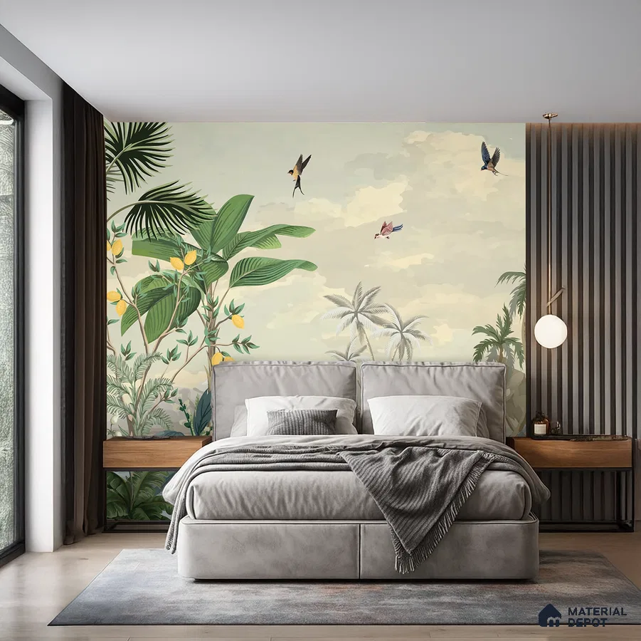 Modern bedroom with tropical wallpaper, grey suede upholstered bed, and fluted wood wall panels in Bengaluru