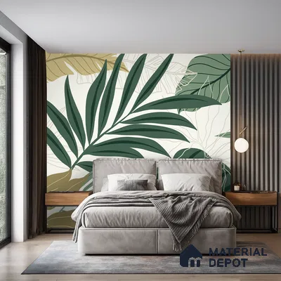 Modern bedroom with tropical wallpaper, grey suede upholstered bed, and fluted wood wall panels in Bengaluru