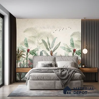 Modern bedroom with tropical wallpaper, grey suede upholstered bed, and fluted wood wall panels in Bengaluru