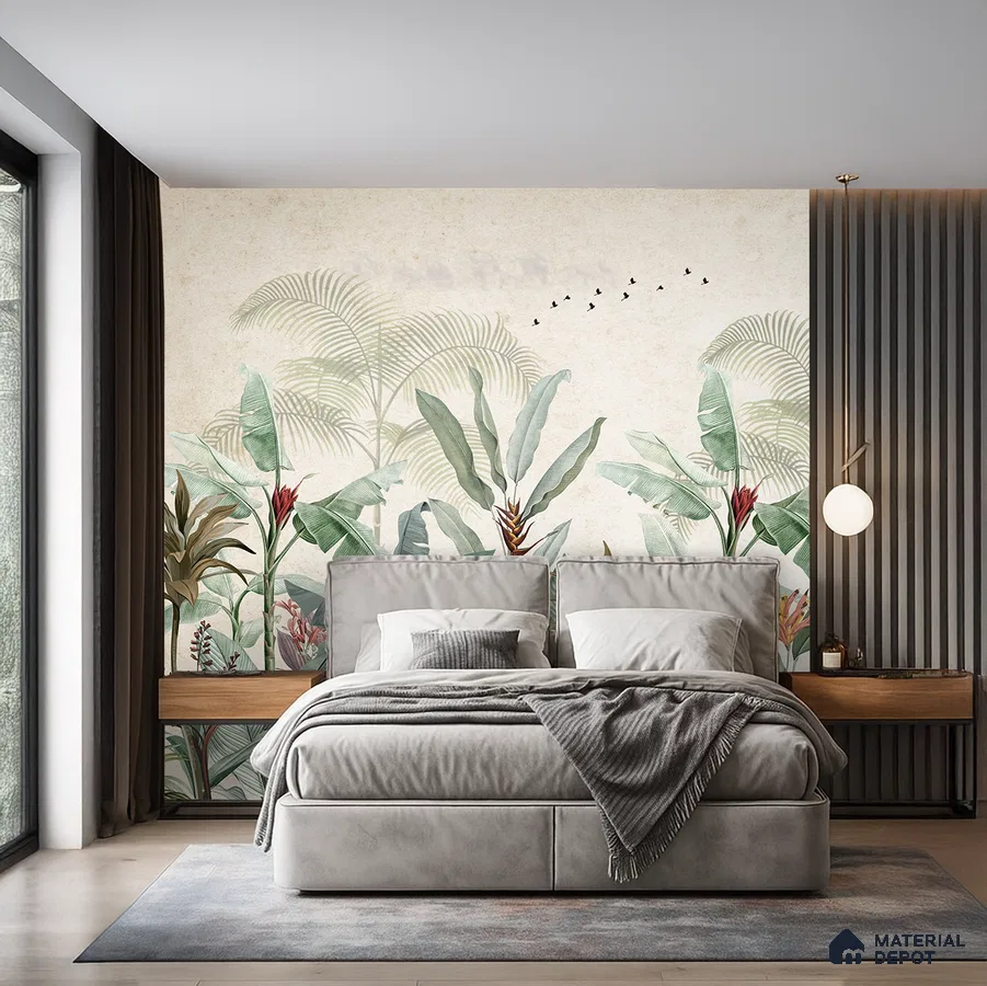 Modern bedroom with tropical wallpaper, grey suede upholstered bed, and fluted wood wall panels in Bengaluru