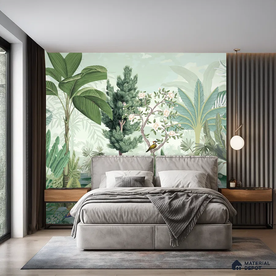 Modern bedroom with tropical wallpaper, grey suede upholstered bed, and wood accent floating nightstands in Bengaluru