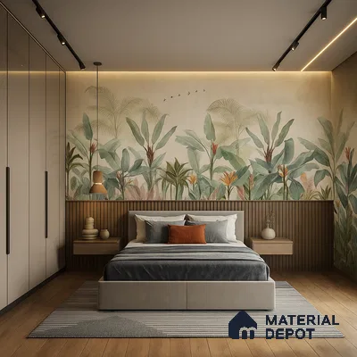 Modern Bedroom with Tropical Wallpaper in 3BHK Apartment, Brigade Metropolis Mahadevpura Whitefield | Material Depot