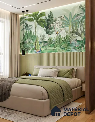 Modern bedroom with tropical wallpaper, sage green fluted wall panels, and light wood flooring in Sattva Oppus Whitefield 3 BHK Bengaluru Apartment