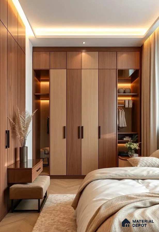 Modern bedroom with walnut and beige wood laminate wardrobes and herringbone wooden flooring | Material Depot