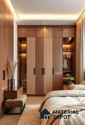 Modern bedroom with walnut and beige wood laminate wardrobes and herringbone wooden flooring | Material Depot
