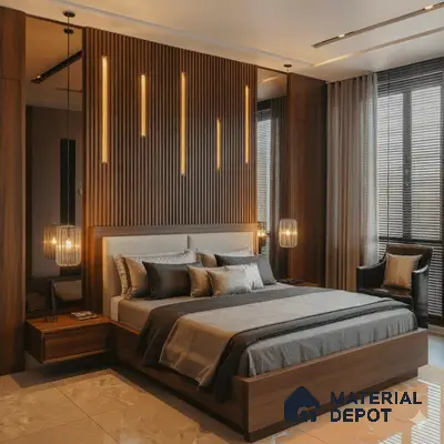 Modern bedroom with walnut wood fluted wall panels and beige marble floor tiles in Sobha Chrysanthemum Thanisandra 3 BHK Bengaluru Apartment