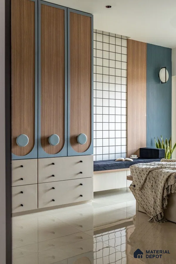 Modern bedroom with walnut wood laminate wardrobe, blue accent panels, and grid pattern wall tile | Material Depot