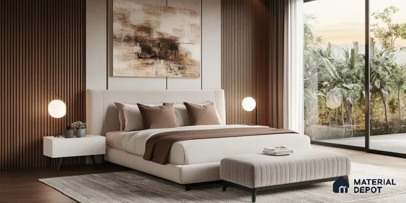 Modern Bedroom with Warm Earth Tones and Fluted Panel Accent Wall | Material Depot