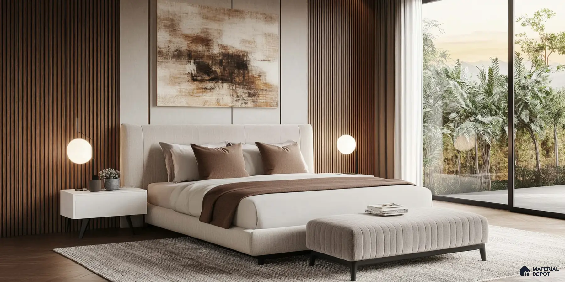 Modern Bedroom with Warm Earth Tones and Fluted Panel Accent Wall | Material Depot