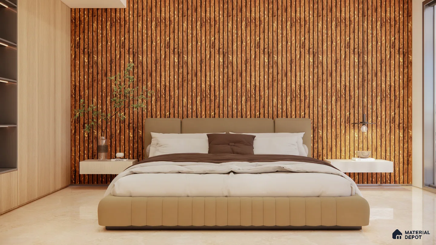 Modern Bedroom with Warm Fluted Wood Accent Wall | Material Depot