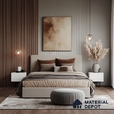 Modern Bedroom with Warm Tones and Fluted Accent Wall | Material Depot