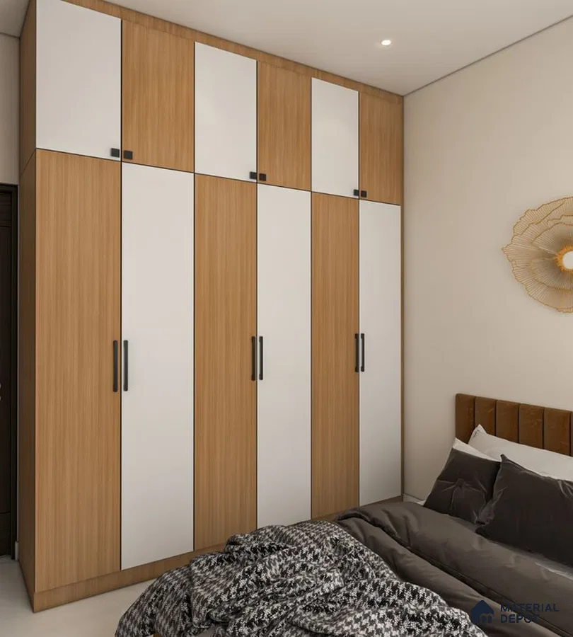 Modern bedroom with white and oak wood laminate wardrobe and neutral palette | Material Depot