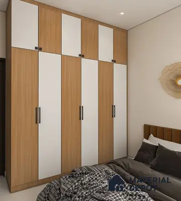 Modern bedroom with white and oak wood laminate wardrobe and neutral palette | Material Depot