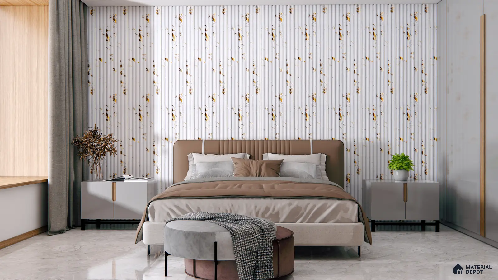 Modern Bedroom with White Fluted Accent Wall and Warm Earth Tones | Material Depot