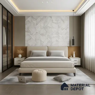 Modern Bedroom with Wood Laminate Flooring and Geometric Marble Tile Back Wall in 3 BHK Sobha City Casa Serenita, Yelahanka | Material Depot