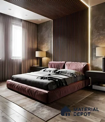 Modern Bedroom with Wooden Paneling and Ambient Lighting | Material Depot