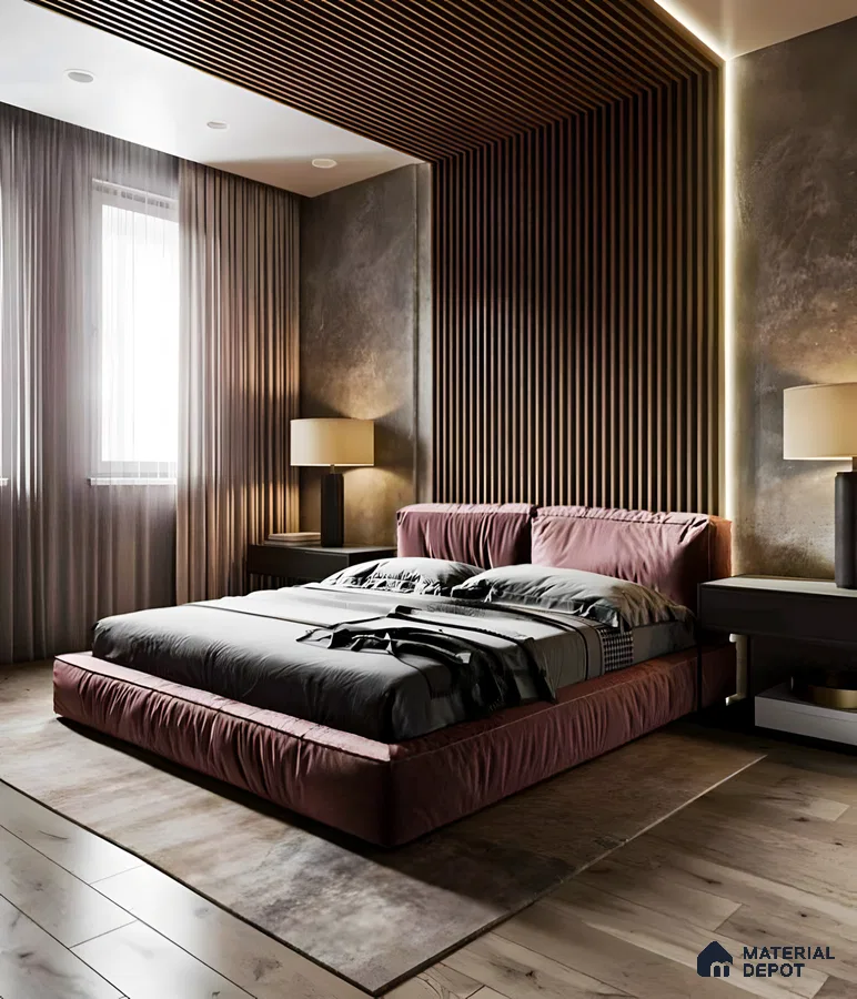 Modern Bedroom with Wooden Paneling and Ambient Lighting | Material Depot