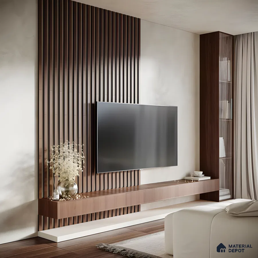 Modern Bedroom with Wood-Paneled Accent Wall and Sleek TV Console | Material Depot