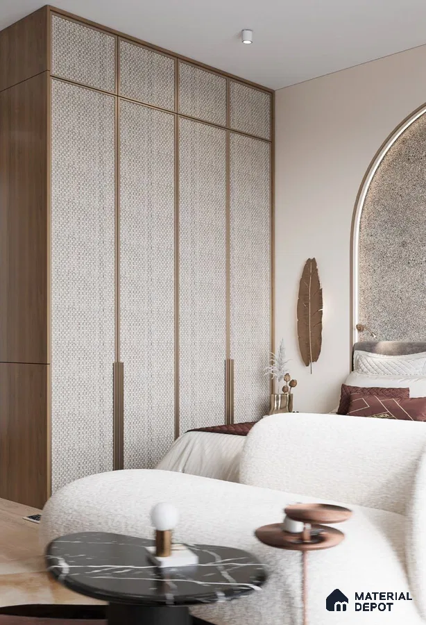 Modern bedroom with woven textured wardrobe, walnut wood laminate, and black marble side table | Material Depot