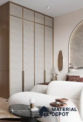 Modern bedroom with woven textured wardrobe, walnut wood laminate, and black marble side table | Material Depot