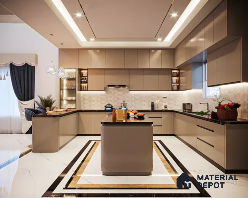 Modern Beige And Black Kitchen With Marble Flooring | Material Depot