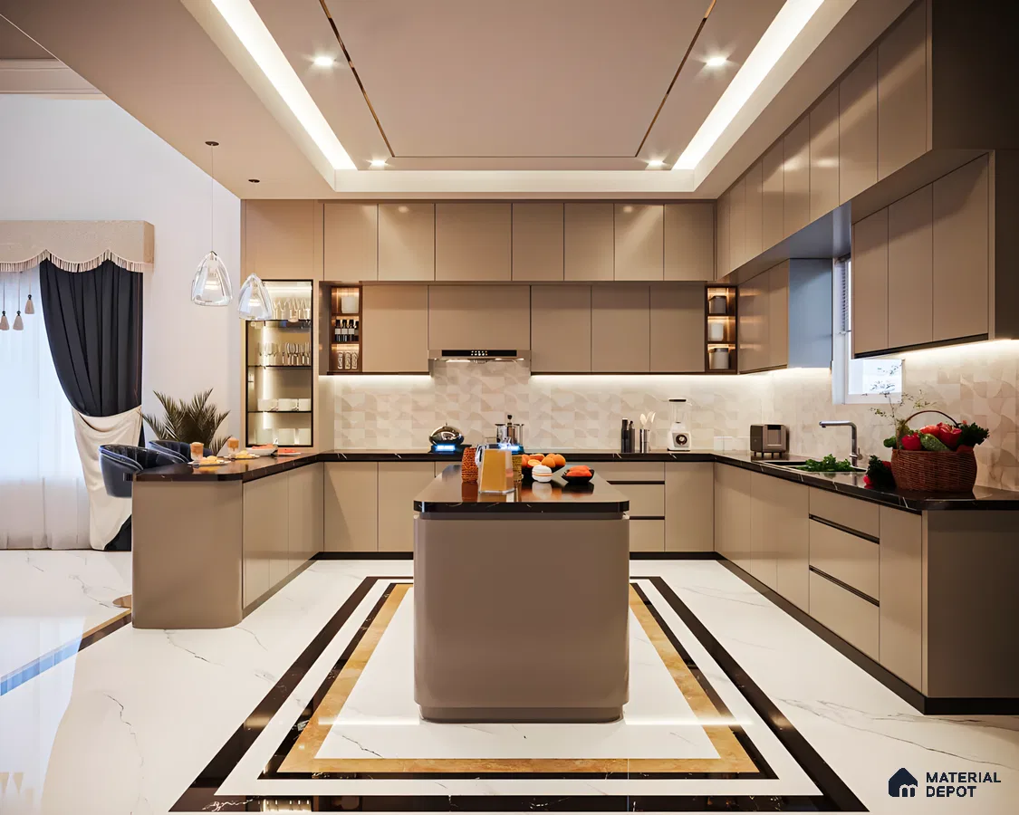 Modern Beige And Black Kitchen With Marble Flooring | Material Depot