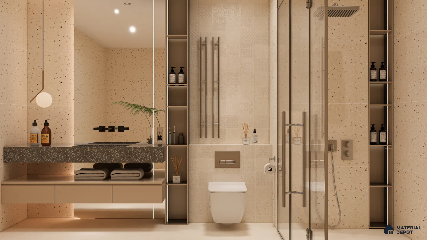 Modern Beige Bathroom with Terrazzo and Highlighter Tiles | Material Depot