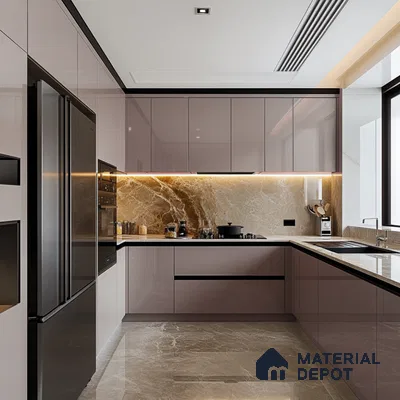 Modern Beige Glossy Kitchen with Marble Backsplash and Countertop | Material Depot