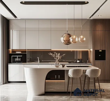 Kitchen with Silk Matt Sleek Design and Marble Backsplash | Material Depot