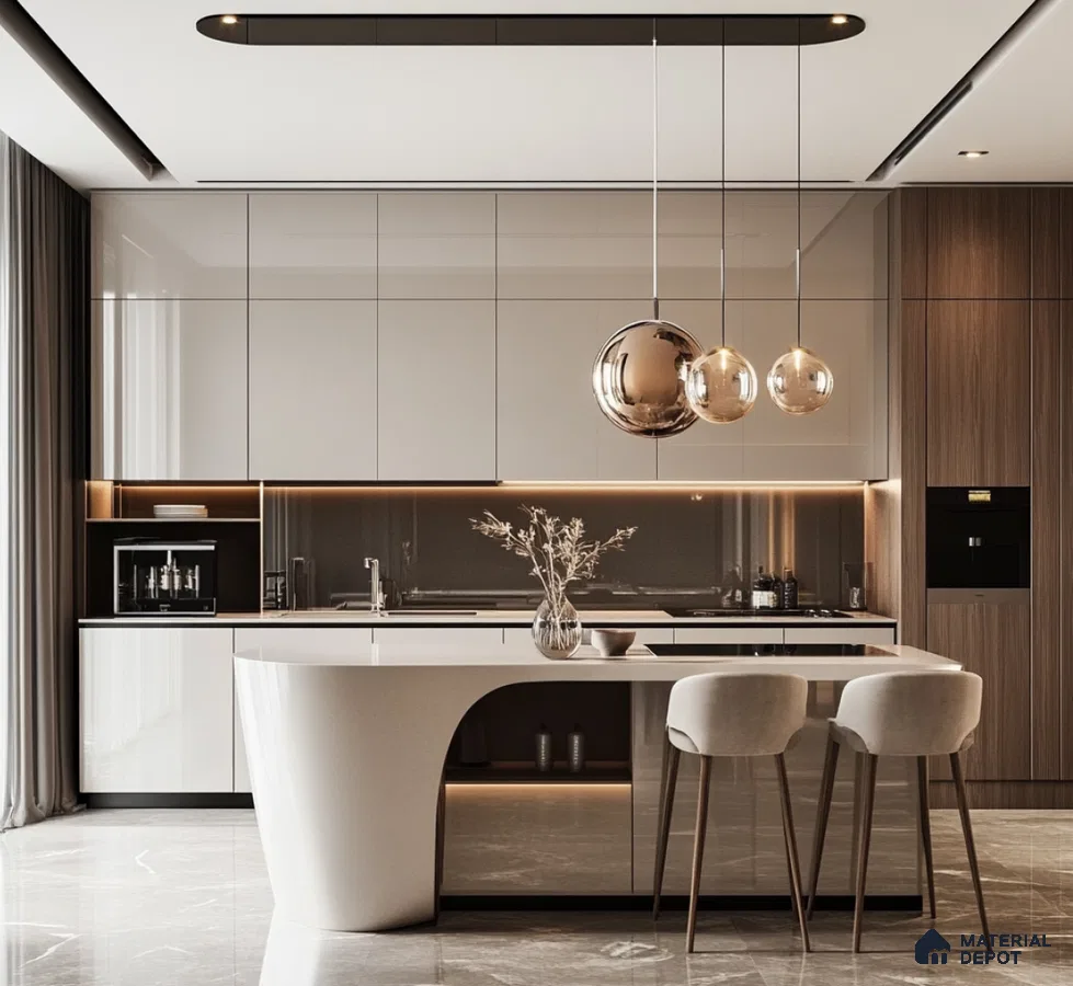 Kitchen with Silk Matt Sleek Design and Marble Backsplash | Material Depot