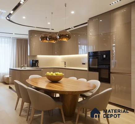 Modern Green Glossy Kitchen with Marble Backsplash and Warm Lighting | Material Depot