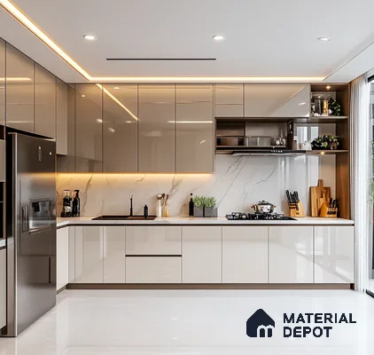 Modern Beige Glossy Solid Laminate Kitchen with Contemporary Design | Material Depot
