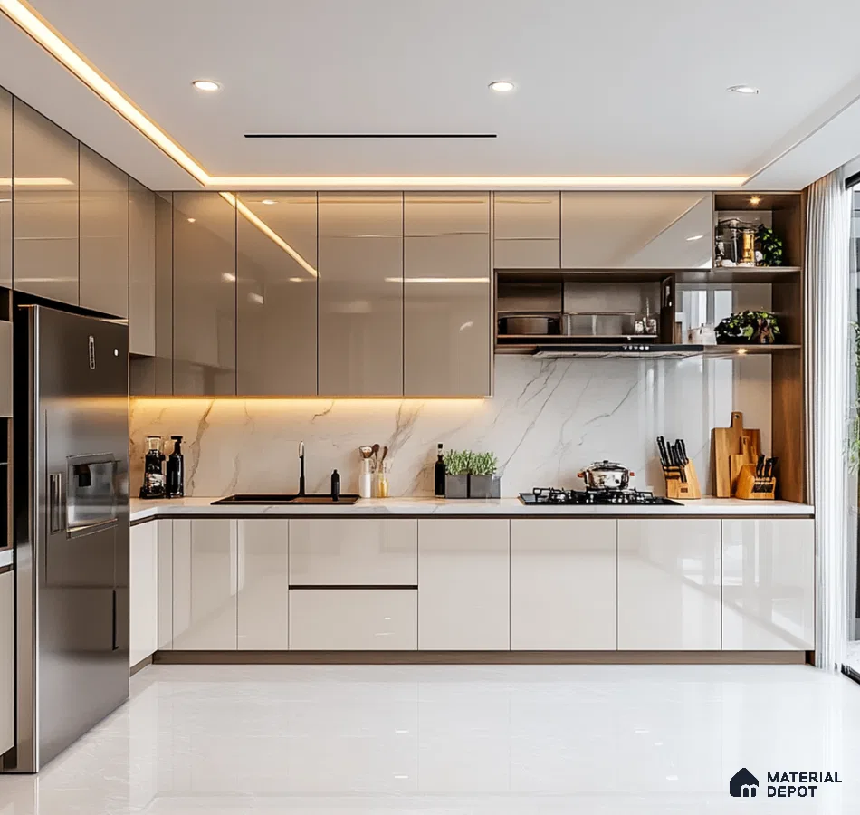 Modern Beige Glossy Solid Laminate Kitchen with Contemporary Design | Material Depot
