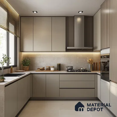Modern Beige Kitchen with Minimalist Cabinets and Soft Ambient Lighting | Material Depot