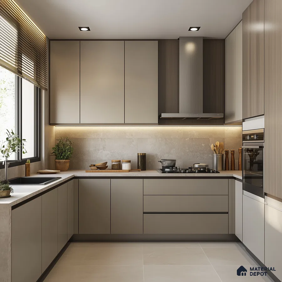 Modern Beige Kitchen with Minimalist Cabinets and Soft Ambient Lighting | Material Depot