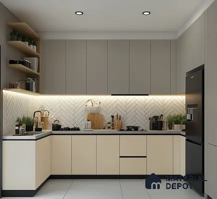 Modern Beige and Taupe Kitchen with Fluted Cabinets and Warm Lighting | Material Depot