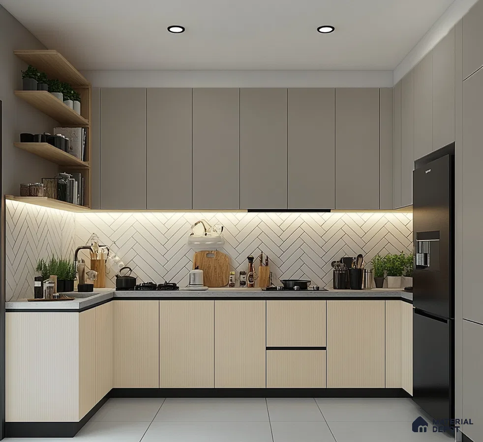 Modern Beige and Taupe Kitchen with Fluted Cabinets and Warm Lighting | Material Depot