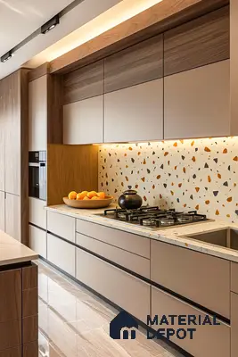 Modern Beige & Walnut Modular Kitchen with Terrazzo Backsplash, Under-Cabinet Lighting, Built-in Appliances & Glossy Marble-Effect Flooring in Prestige Royal Garden Doddaballapur | Material Depot