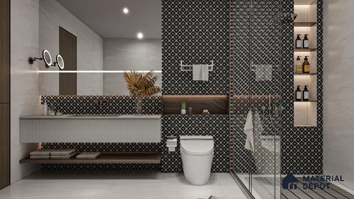 Modern black and white bathroom in 3bhk apartment in Durga Petals Marathahalli Bengaluru | Material Depot