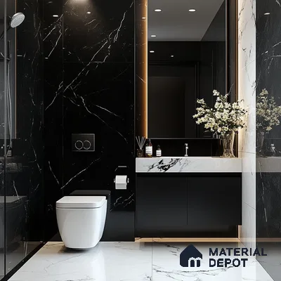 Modern Black and White Marble Bathroom with Sleek Fixtures | Material Depot