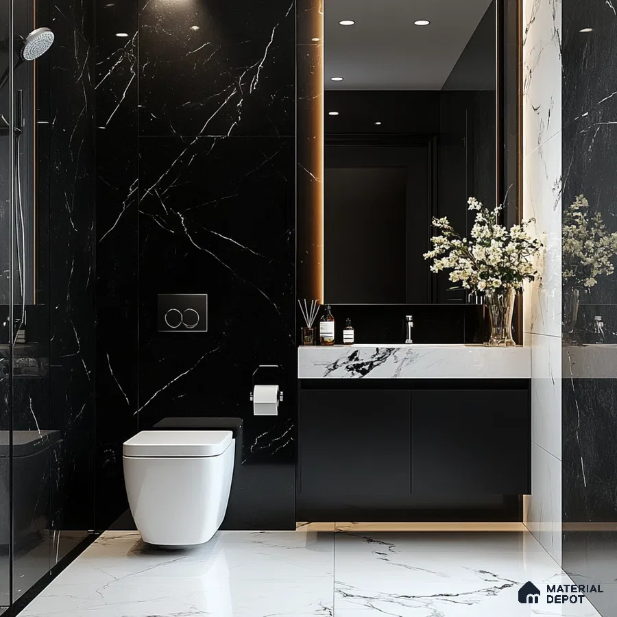 Modern Black and White Marble Bathroom with Sleek Fixtures | Material Depot