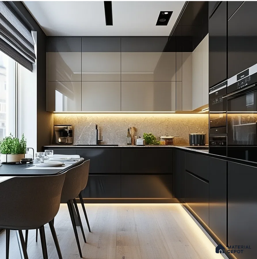 Modern Black and Beige Solid Laminate Kitchen with Sleek Design | Material Depot