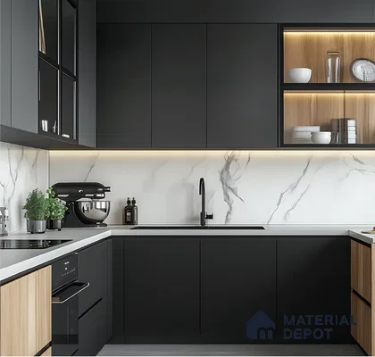 Modern Black Kitchen with Marble Backsplash and Warm Wooden Details | Material Depot