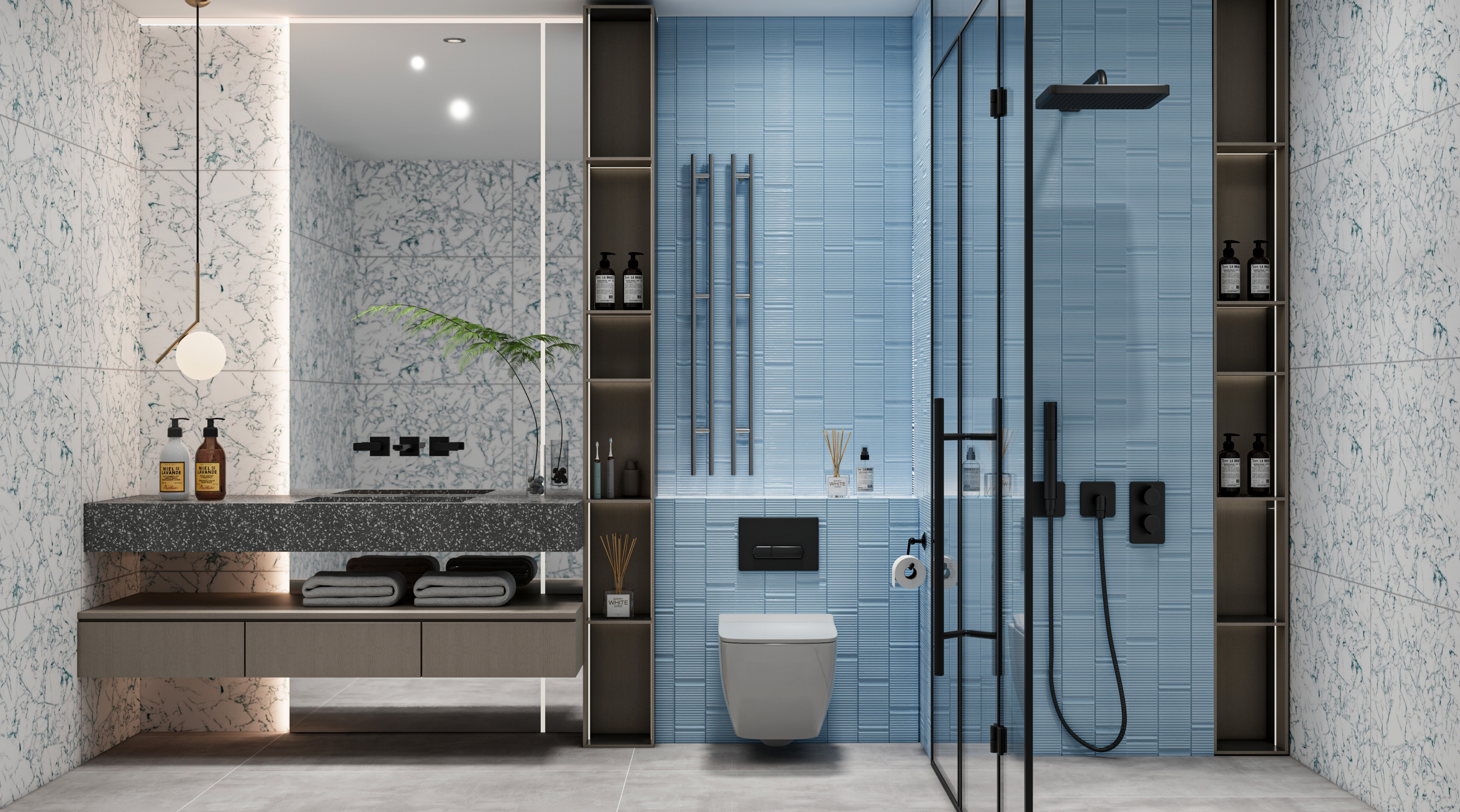 Modern Blue and White Bathroom with Sleek Vertical Tiles | Material Depot