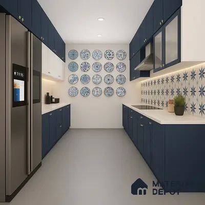 Modern Blue and White Kitchen with Decorative Wall Plates and Patterned Backsplash | Material Depot