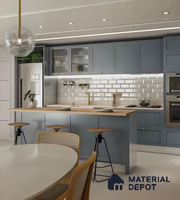 Modern Blue And Yellow Kitchen With Subway Tile Backsplash | Material Depot