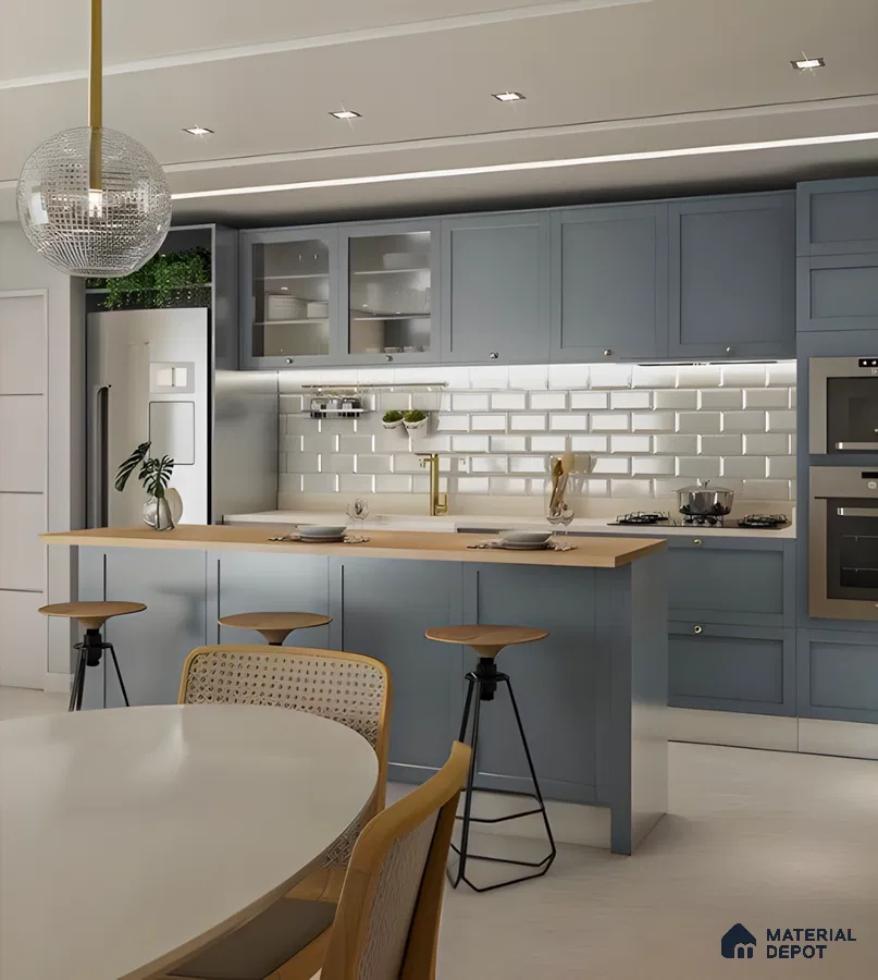 Modern Blue And Yellow Kitchen With Subway Tile Backsplash | Material Depot