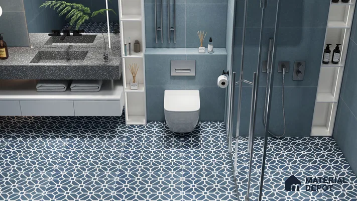 Modern Blue Bathroom with Geometric Patterned Floor Tiles | Material Depot
