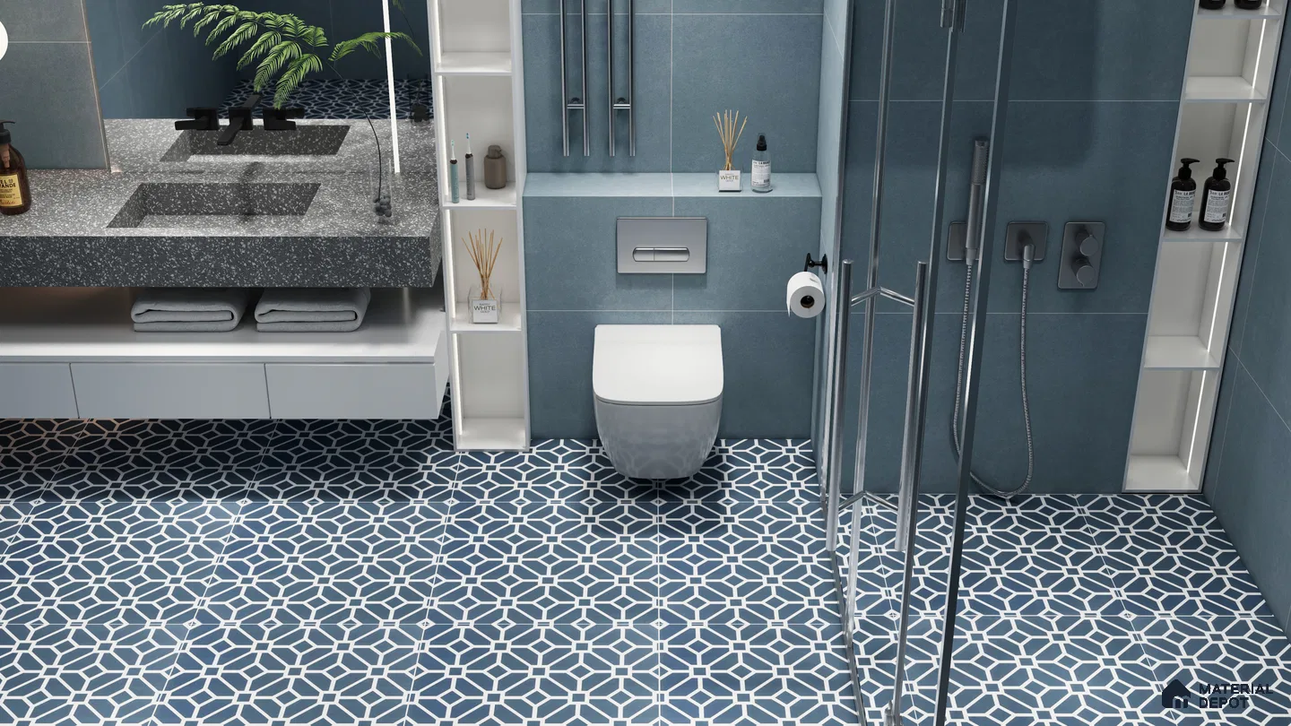 Modern Blue Bathroom with Geometric Patterned Floor Tiles | Material Depot
